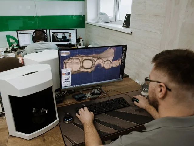 Szakember CAD/CAM szoftverrel digitálisan tervez egy 3D modellt a laboratóriumban
